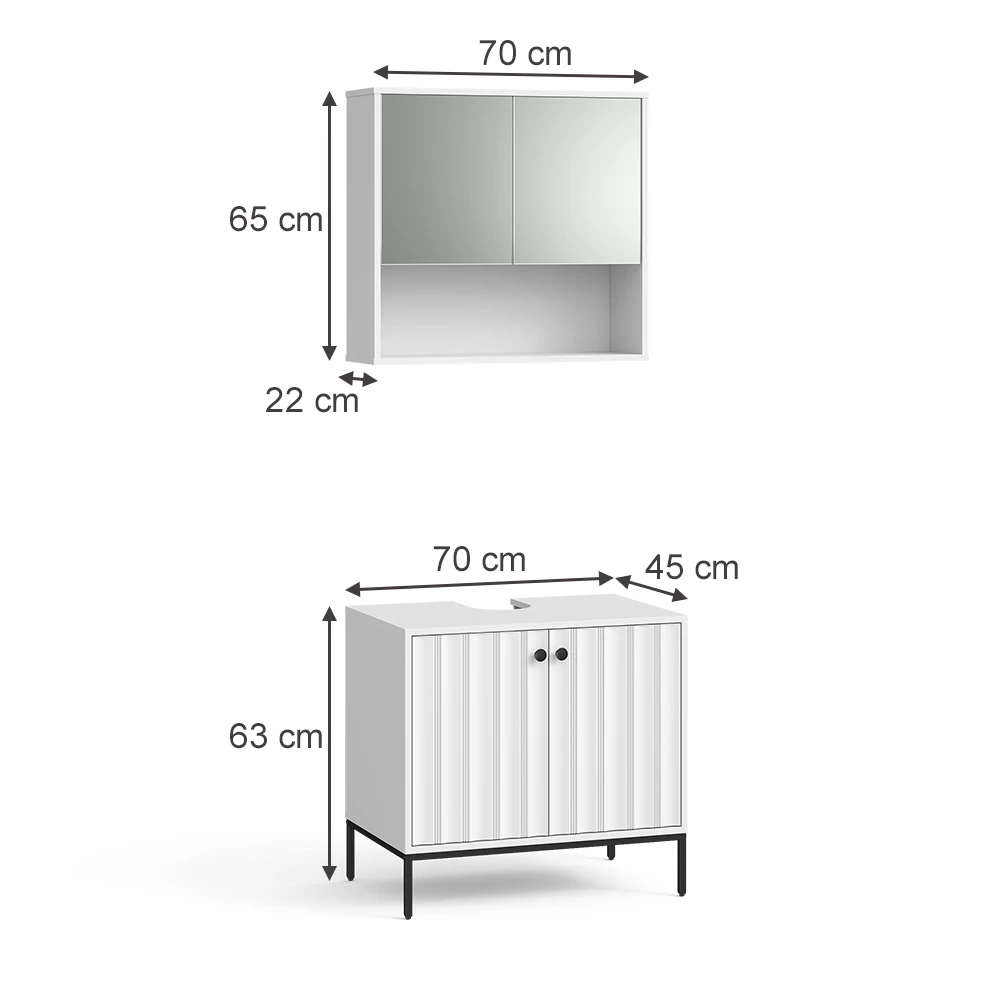 Badkamermeubelset in Witte golf on white background with visible dimensions
