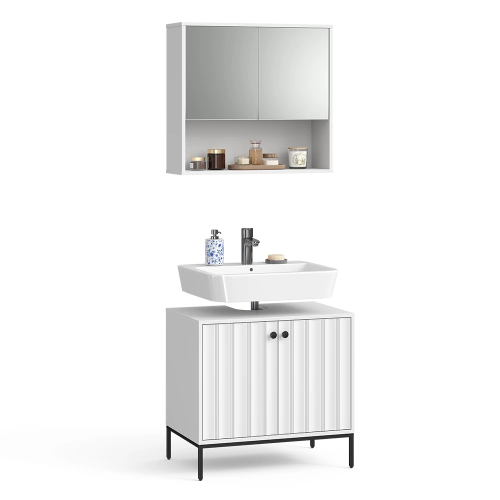 Badkamermeubelset in Witte golf on white background with decorative elements