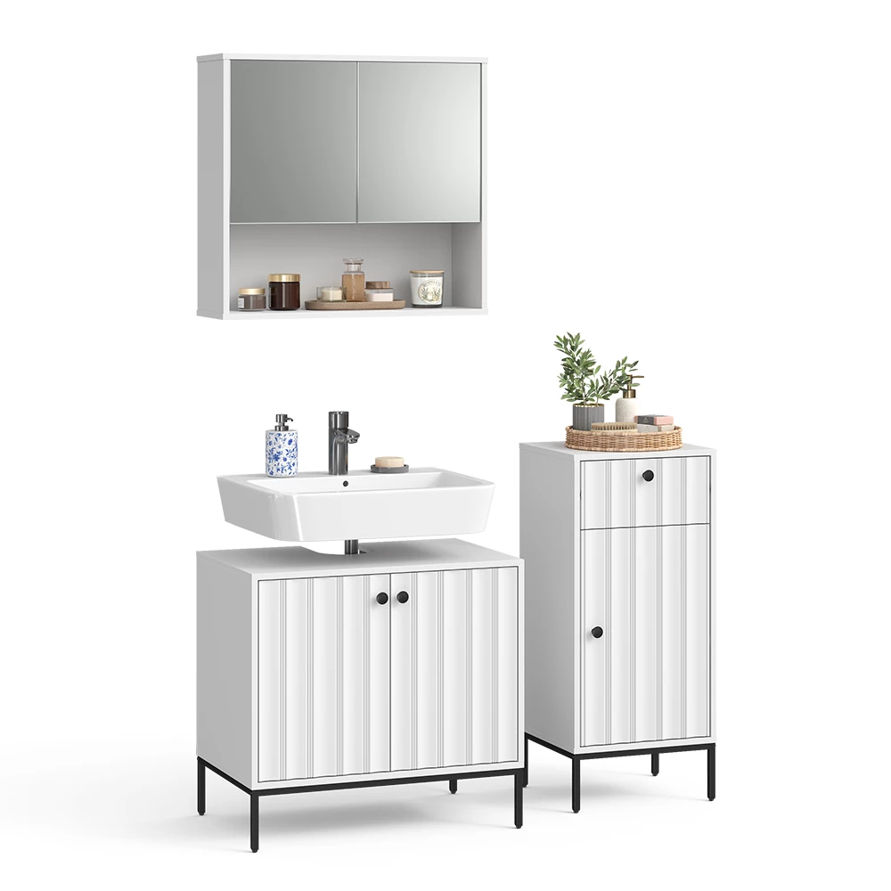 Badkamermeubelset in Witte golf on white background with decorative elements