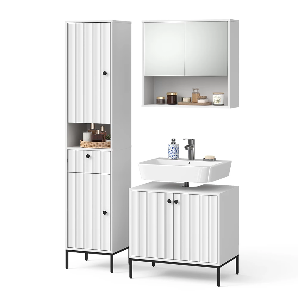 Badkamermeubelset in Witte golf on white background with decorative elements