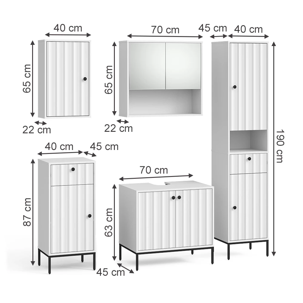 Badmöbel-Set in Weiß Riffel auf weißem Hintergrund mit sichtbaren Maßen