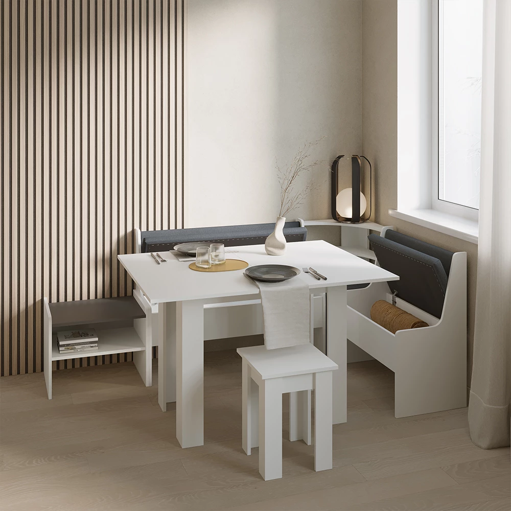 Nahaufnahme von Esszimmer-Eckbank in Weiß, zeigt Textur/Details