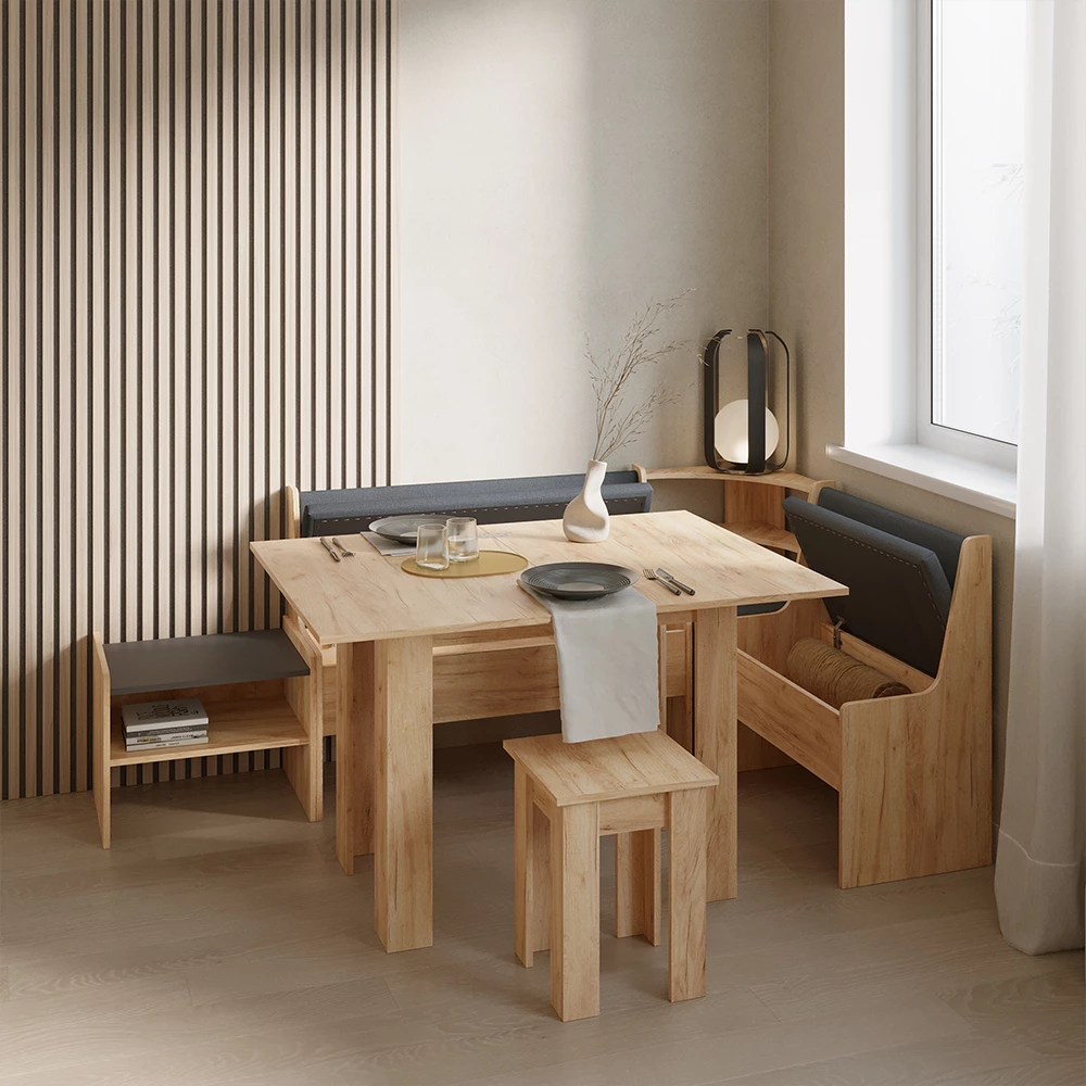 Nahaufnahme von Esszimmer-Eckbank in Sandeiche, zeigt Textur/Details