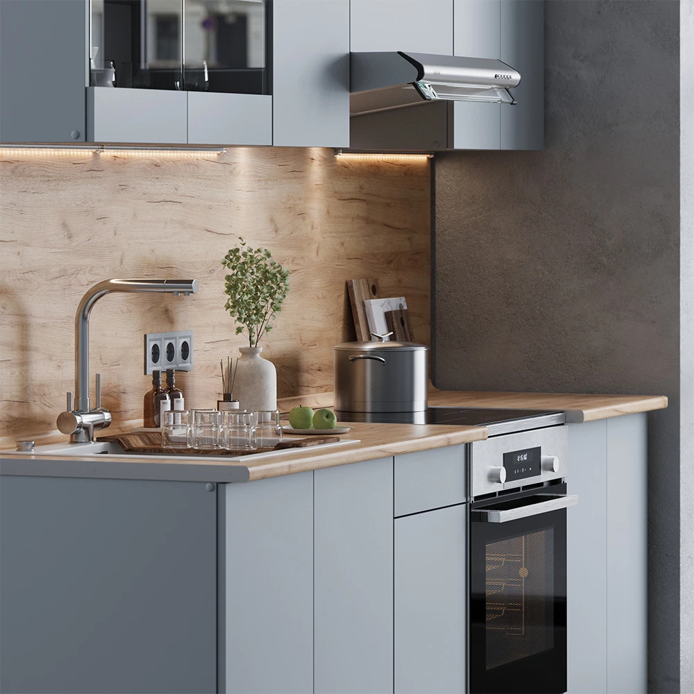 Gros plan de Ligne de cuisine en Gris, montrant le design et les détails de surface