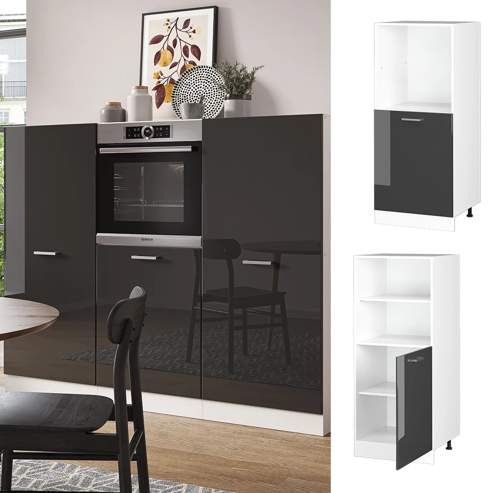 Herdumbauschrank in Anthrazit Hochglanz, dargestellt im Ambiente und auf weißem Hintergrund