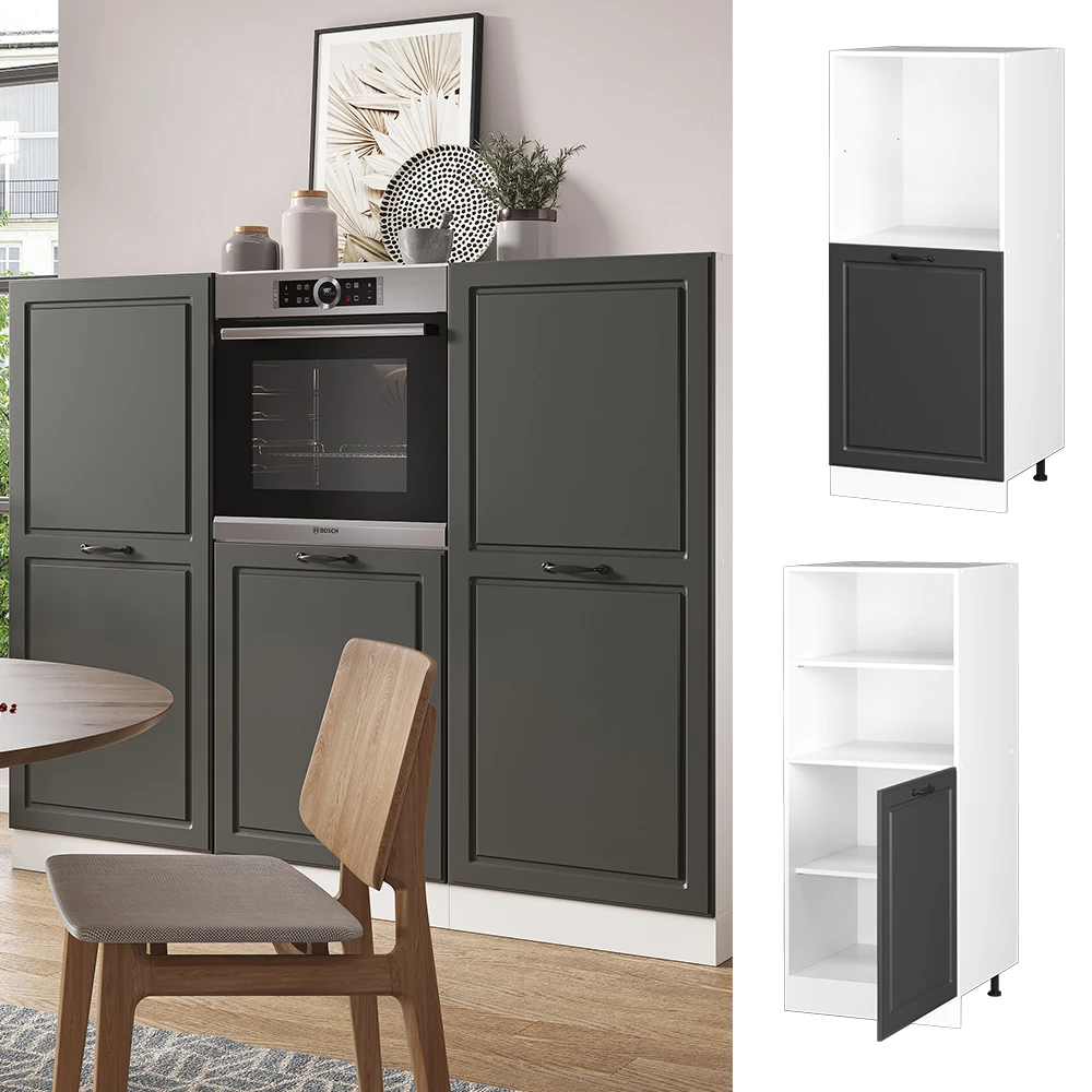 Herdumbauschrank in Anthrazit Landhaus, dargestellt im Ambiente und auf weißem Hintergrund