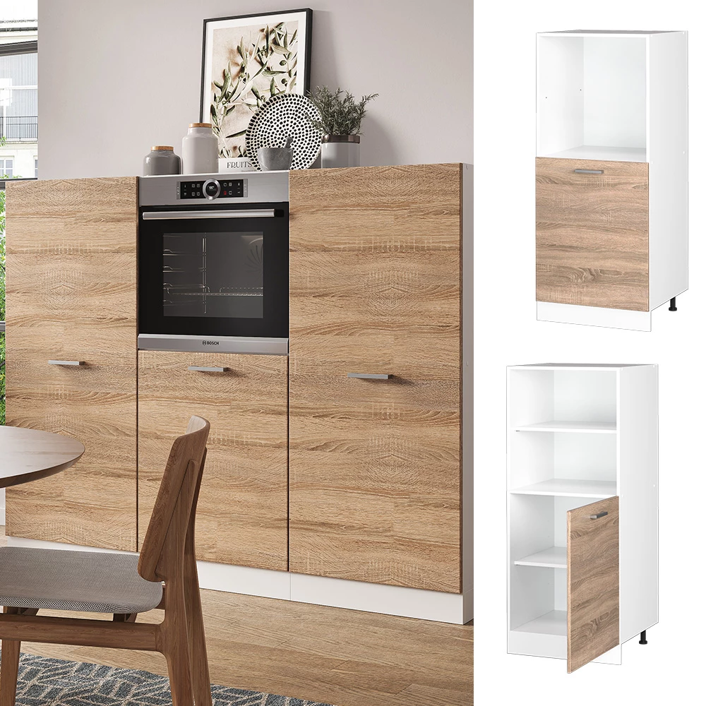 Sütőház szekrény Sonoma színben, környezeti beállításban és fehér háttéren megjelenítve