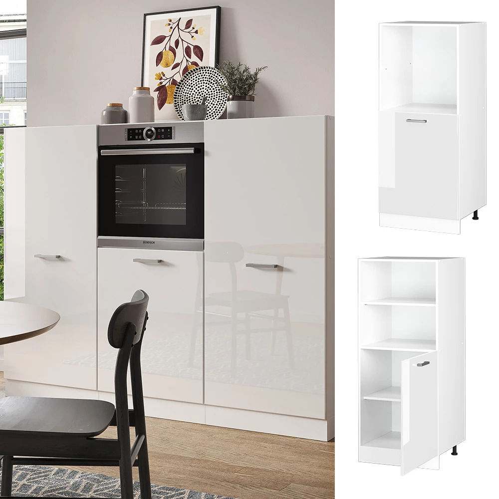 Armario para horno empotrado en Blanco alto brillo, mostrado en un entorno ambiental y sobre fondo blanco