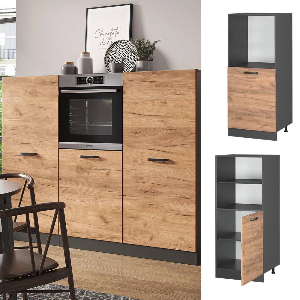 Armario para horno empotrado en Roble dorado, mostrado en un entorno ambiental y sobre fondo blanco