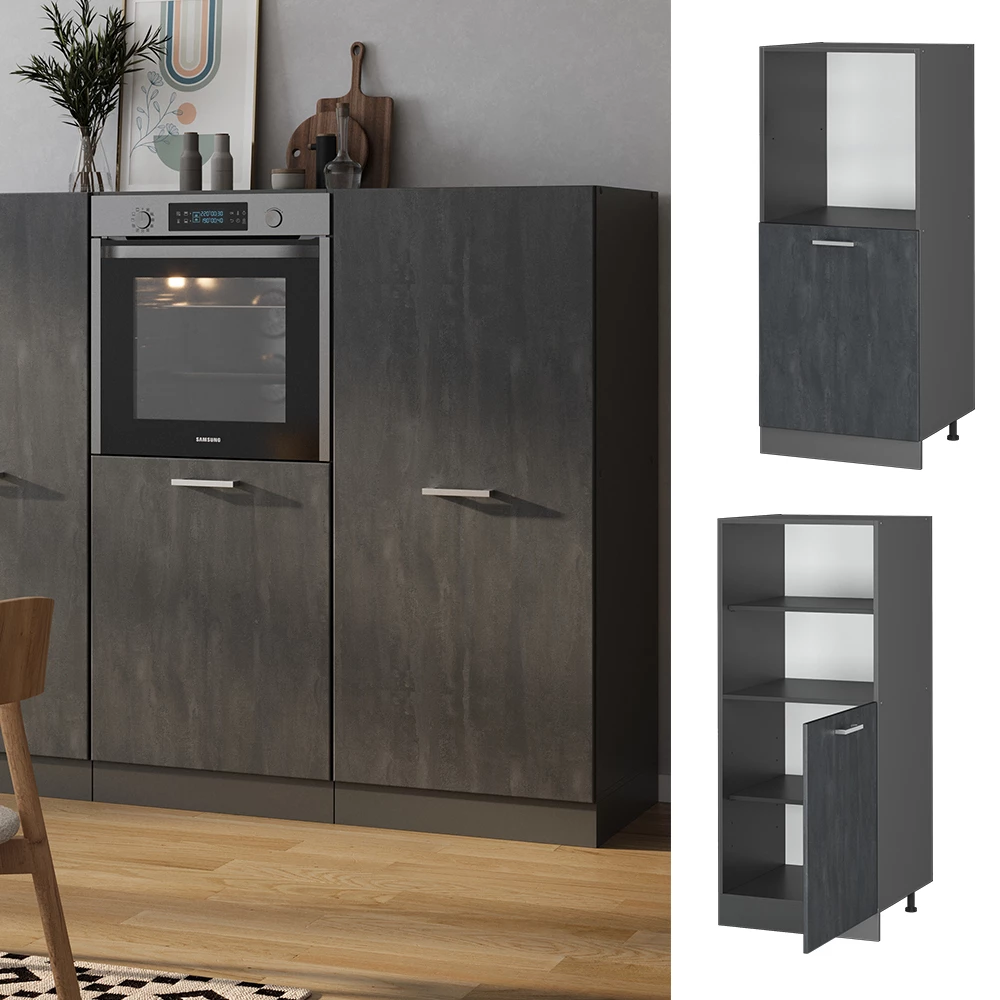 Herdumbauschrank in Schwarz Beton, dargestellt im Ambiente und auf weißem Hintergrund