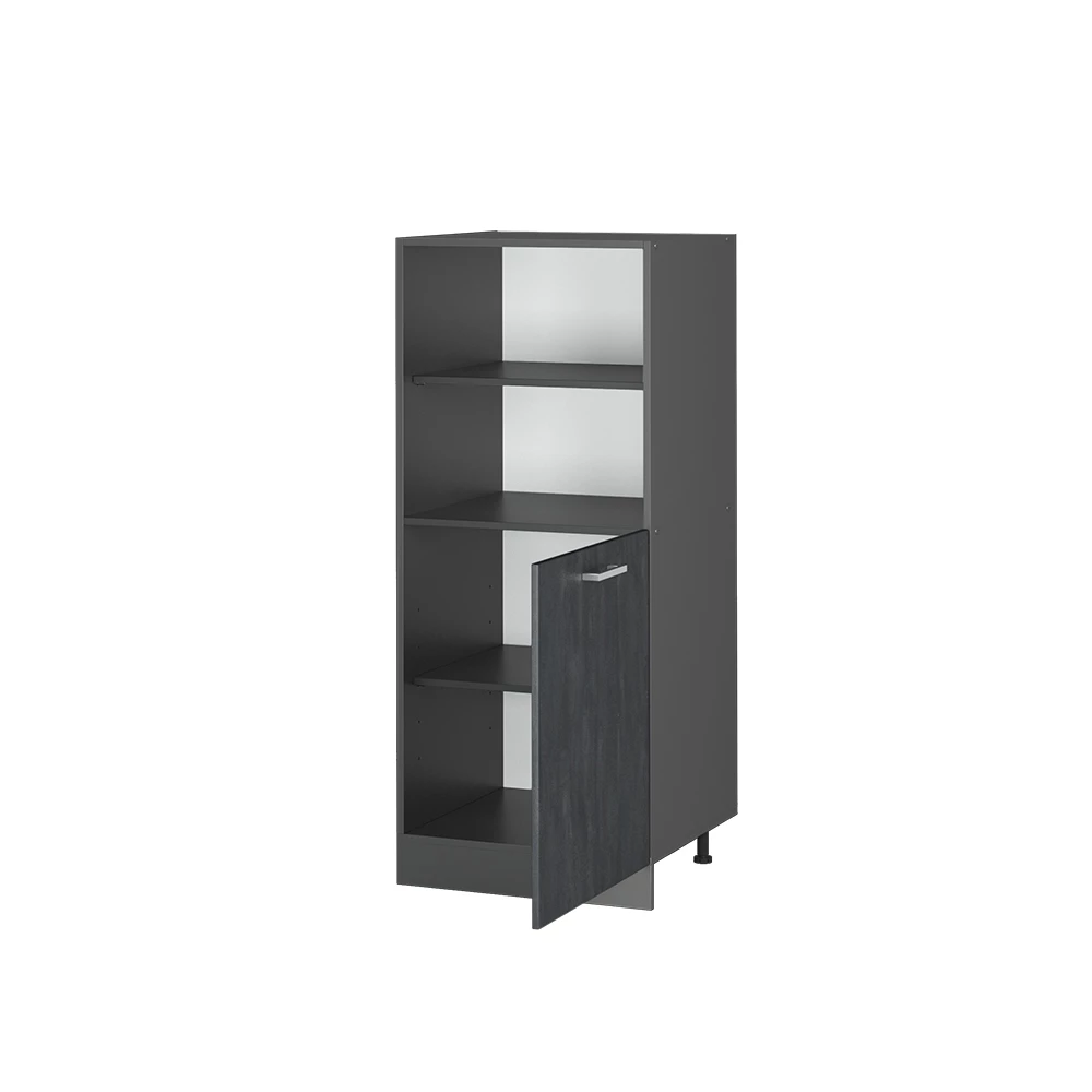 Herdumbauschrank in Schwarz Beton auf weißem Hintergrund mit dekorativen Elementen