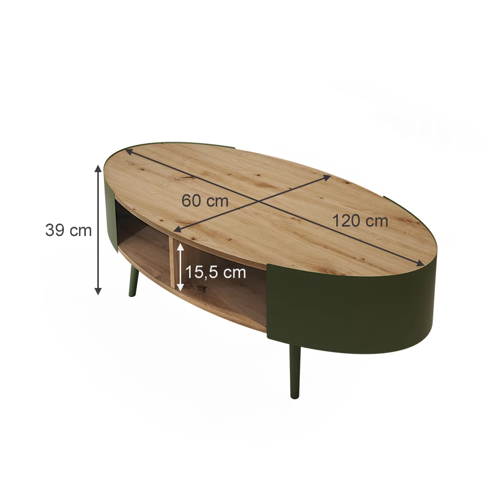 Couchtisch in Eiche auf weißem Hintergrund mit sichtbaren Maßen