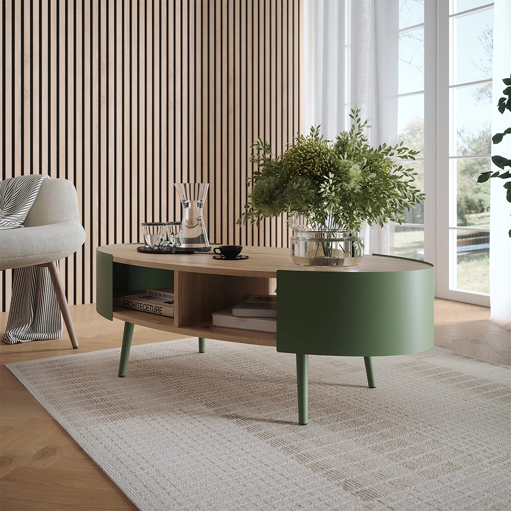 Couchtisch in Eiche, dargestellt im Ambiente mit Dekoration