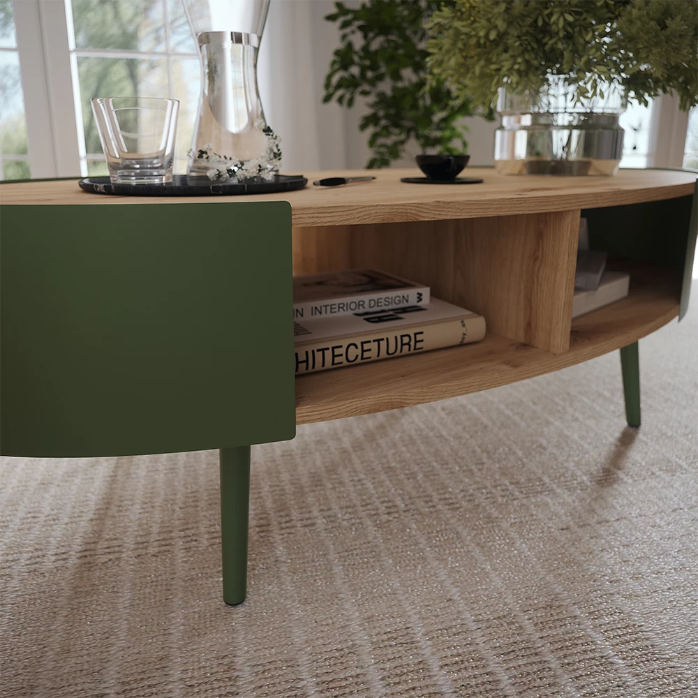 Nahaufnahme von Couchtisch in Eiche, zeigt Textur/Details