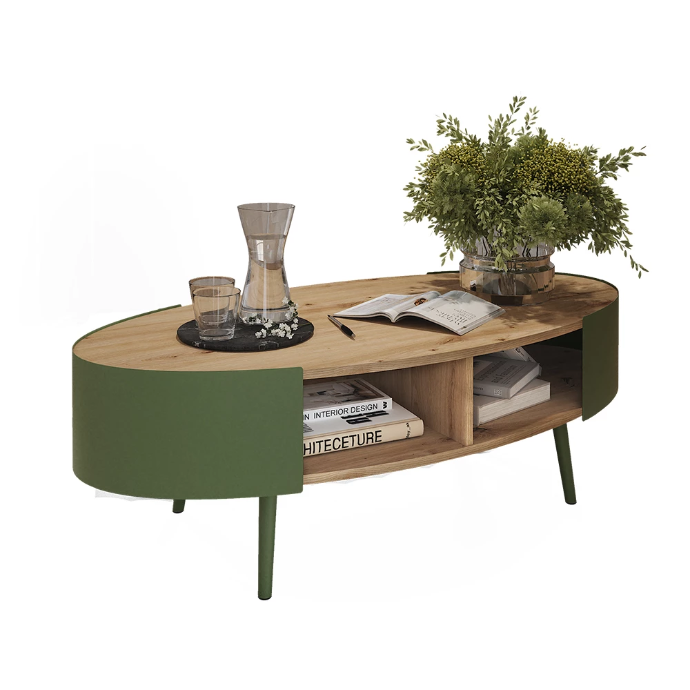 Couchtisch in Eiche auf weißem Hintergrund mit dekorativen Elementen