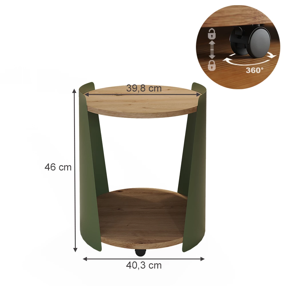 Couchtisch in Eiche auf weißem Hintergrund mit sichtbaren Maßen