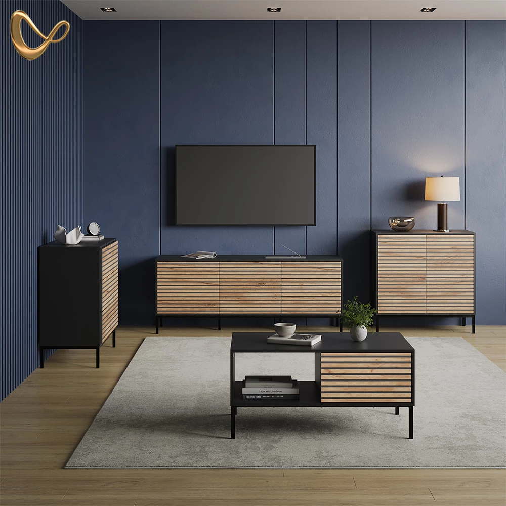 Kommode in Goldkraft Eiche/Anthrazit, dargestellt im Ambiente und auf weißem Hintergrund