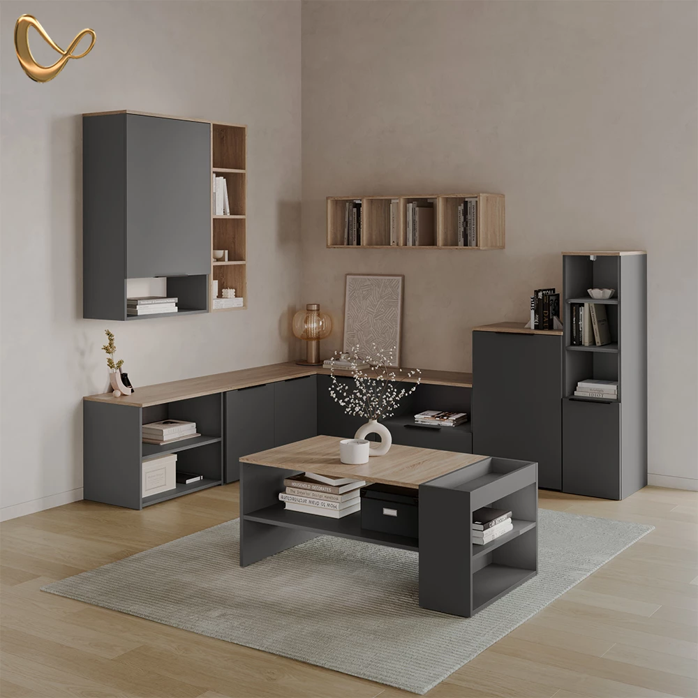 Lowboard in Anthrazit/Sonoma, dargestellt im Ambiente und auf weißem Hintergrund
