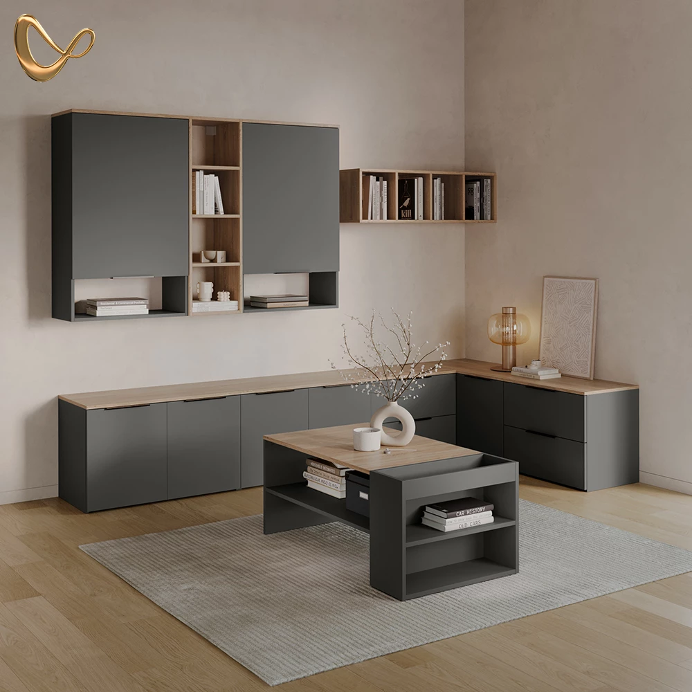 Wohnwand in Anthrazit, dargestellt im Ambiente und auf weißem Hintergrund