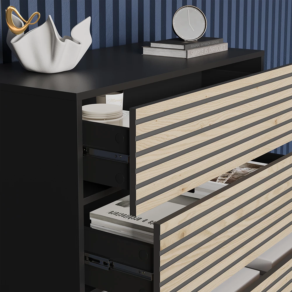 Nahaufnahme von Kommode in Goldkraft Eiche/Anthrazit, zeigt Design- und Oberflächendetails