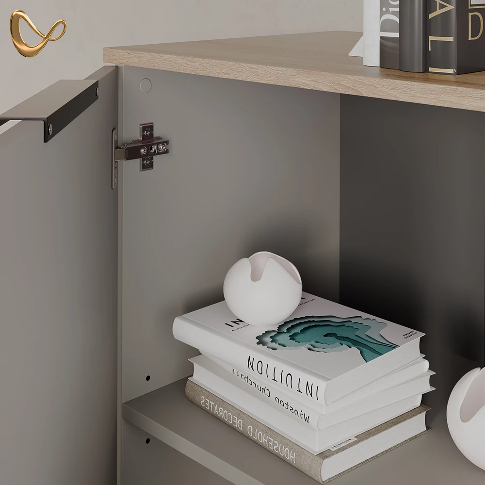 Nahaufnahme von Kommode in Greige, zeigt Design- und Oberflächendetails