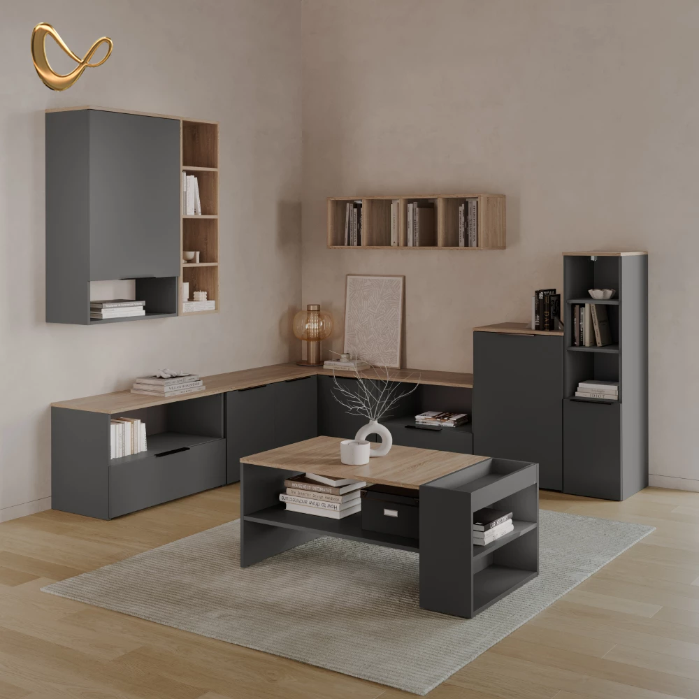 Kommode in Anthrazit/Sonoma, dargestellt im Ambiente und auf weißem Hintergrund
