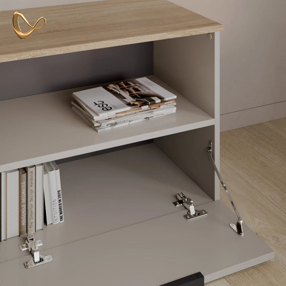 Nahaufnahme von Kommode in Greige, zeigt Design- und Oberflächendetails