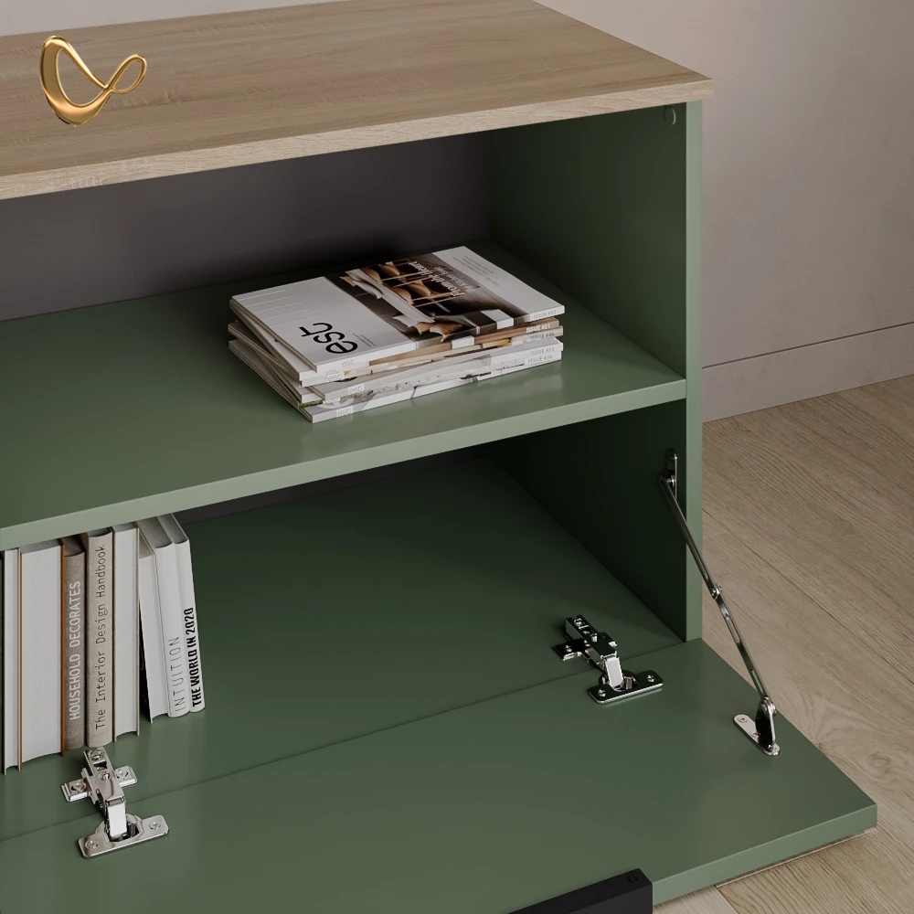 Nahaufnahme von Kommode in Grün, zeigt Design- und Oberflächendetails