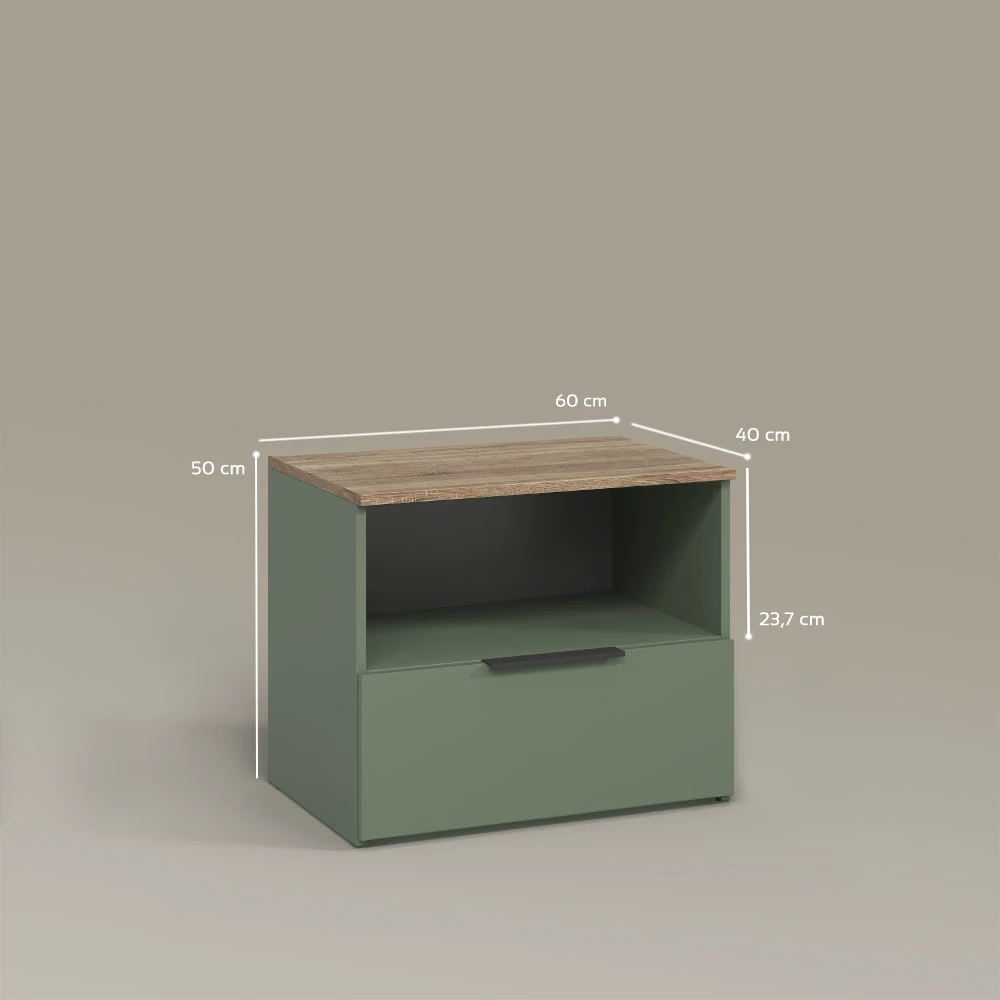 Kommode in Grün auf weißem Hintergrund mit sichtbaren Maßen