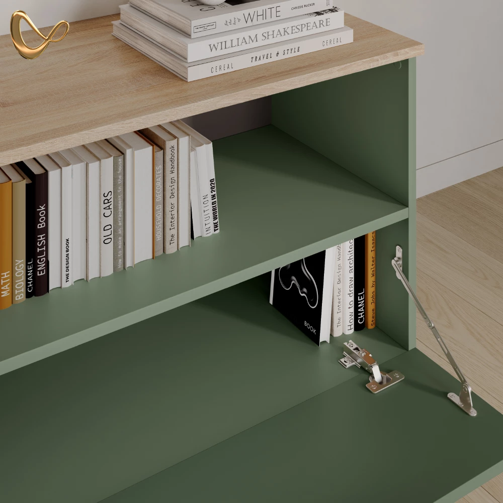 Nahaufnahme von Kommode in Grün, zeigt Design- und Oberflächendetails