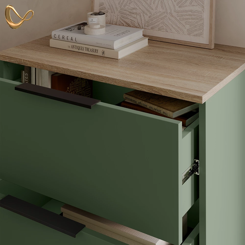 Nahaufnahme von Wohnwand in Grün, zeigt Design- und Oberflächendetails