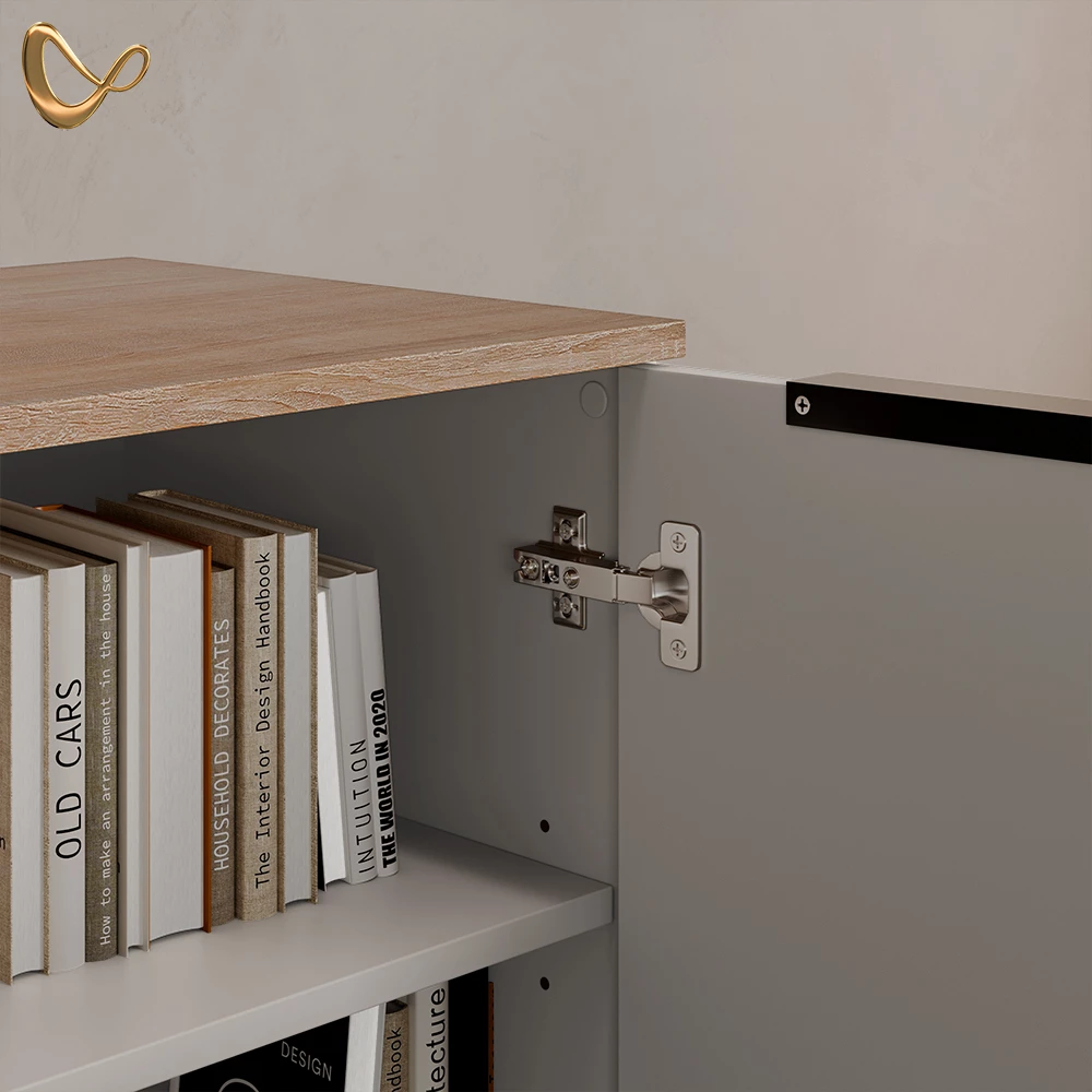 Nahaufnahme von Wohnwand in Greige, zeigt Design- und Oberflächendetails