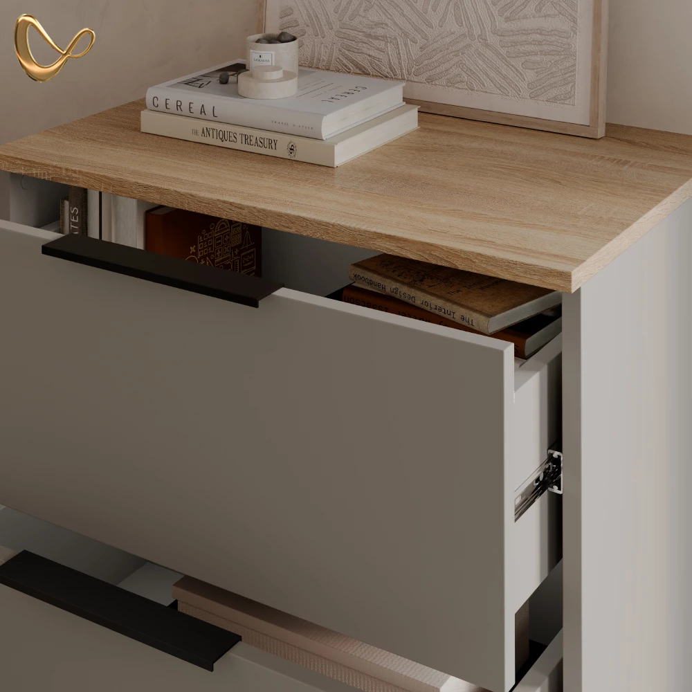 Nahaufnahme von Kommode in Greige, zeigt Design- und Oberflächendetails
