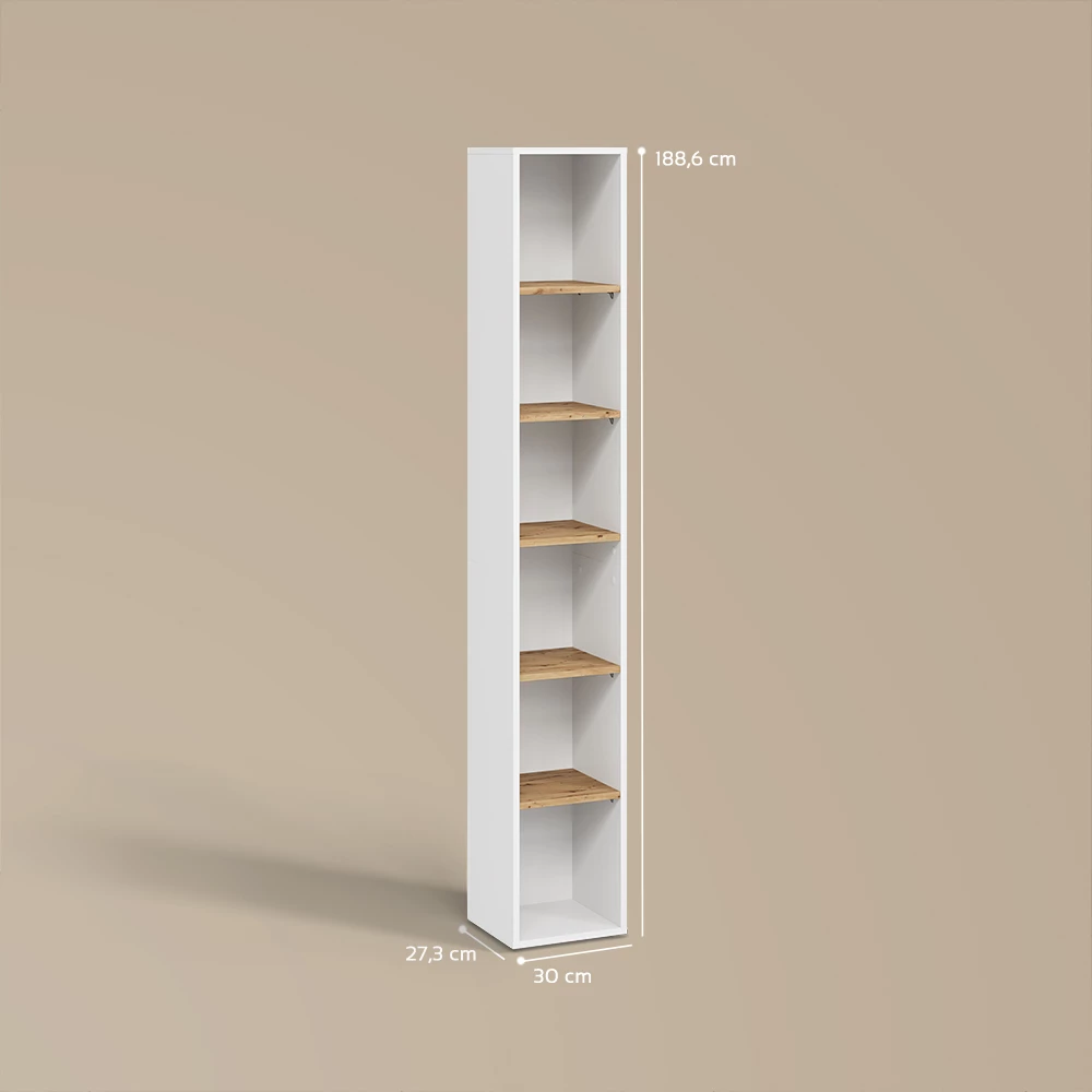 Hochregal in Weiß/Artisan auf weißem Hintergrund mit sichtbaren Maßen