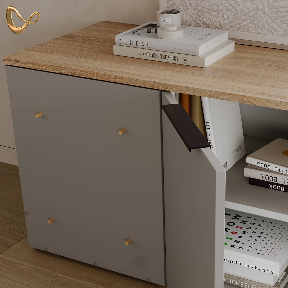 Nahaufnahme von Eckkommode   in Greige, zeigt Design- und Oberflächendetails