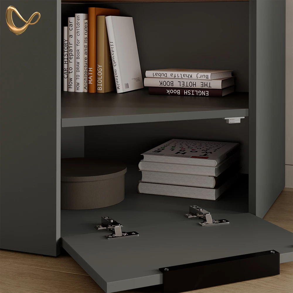 Nahaufnahme von Wohnwand in Anthrazit, zeigt Design- und Oberflächendetails