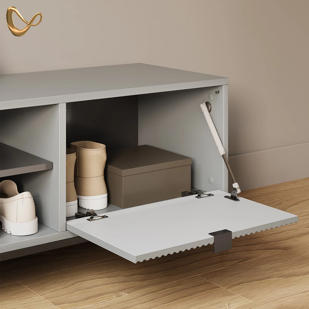 Nahaufnahme von Schuhschrank in Grau, zeigt Design- und Oberflächendetails