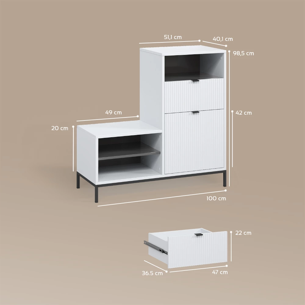 Schuhschrank in Weiß auf weißem Hintergrund mit sichtbaren Maßen