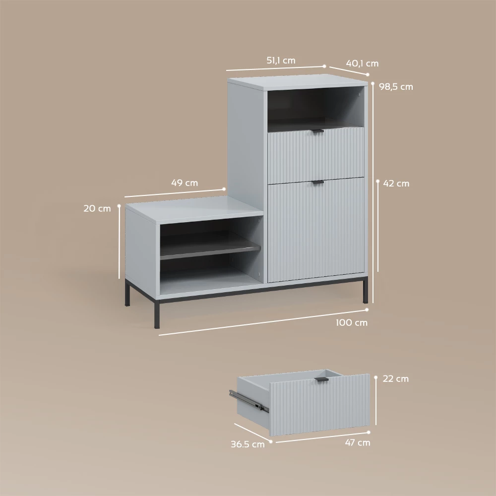 Schuhschrank in Grau auf weißem Hintergrund mit sichtbaren Maßen