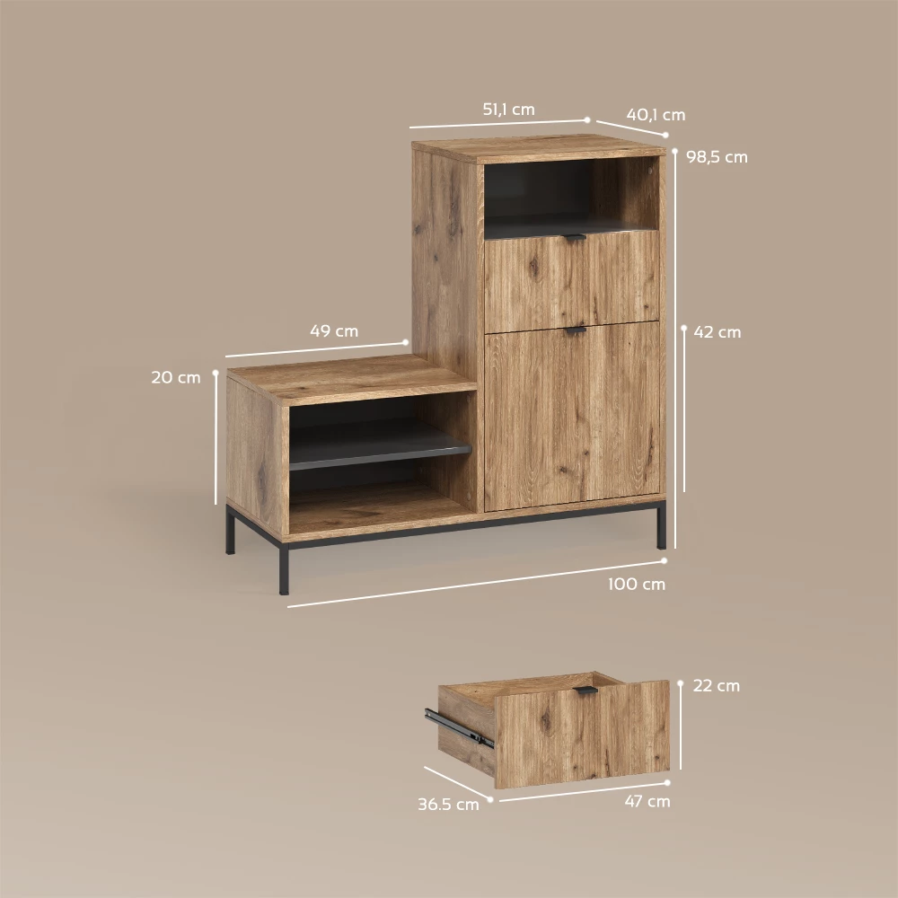 Schuhschrank in Viking Oak auf weißem Hintergrund mit sichtbaren Maßen