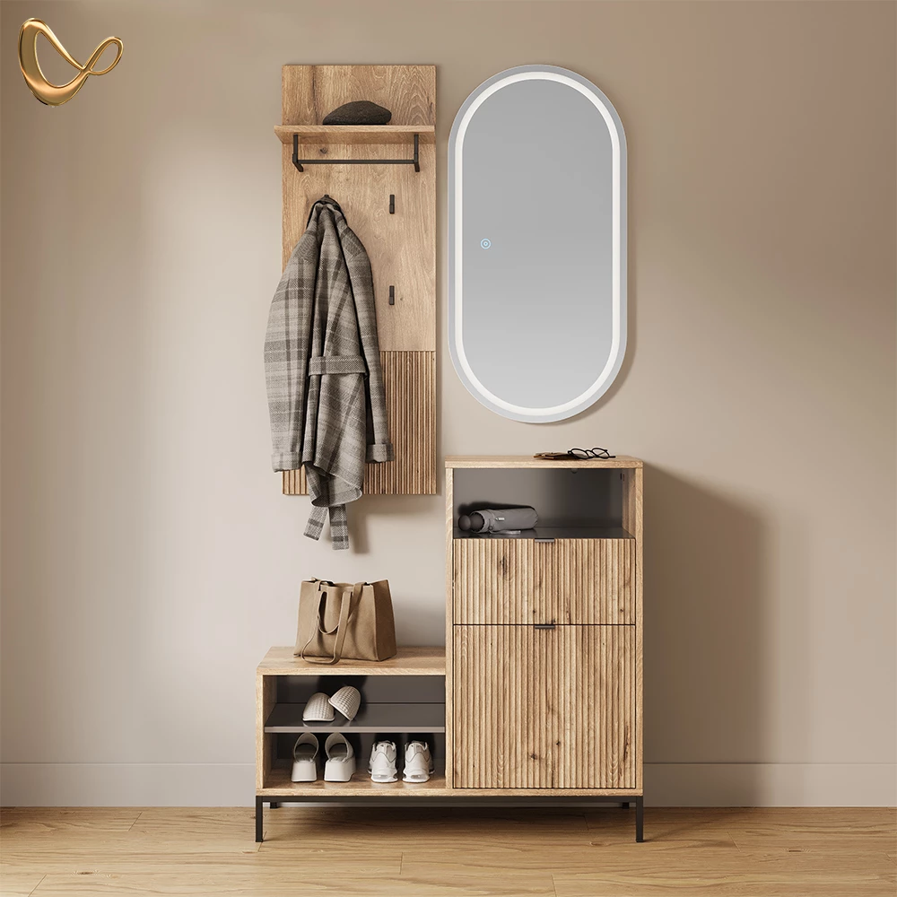 Schuhschrank in Viking Oak, dargestellt im Ambiente und auf weißem Hintergrund