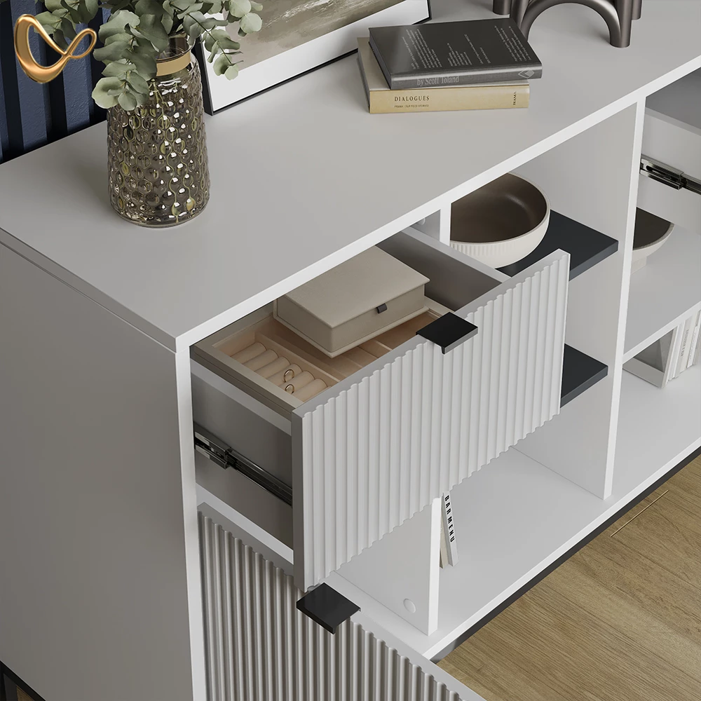 Nahaufnahme von Kommode in Weiß, zeigt Design- und Oberflächendetails