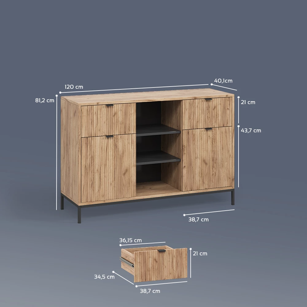 Kommode in Viking Oak auf weißem Hintergrund mit sichtbaren Maßen