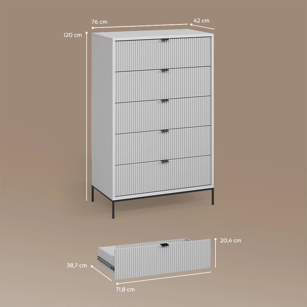 Kommode in Grau auf weißem Hintergrund mit sichtbaren Maßen