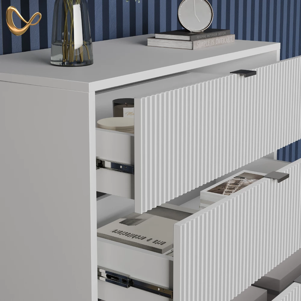 Nahaufnahme von Kommode  in Weiß, zeigt Design- und Oberflächendetails