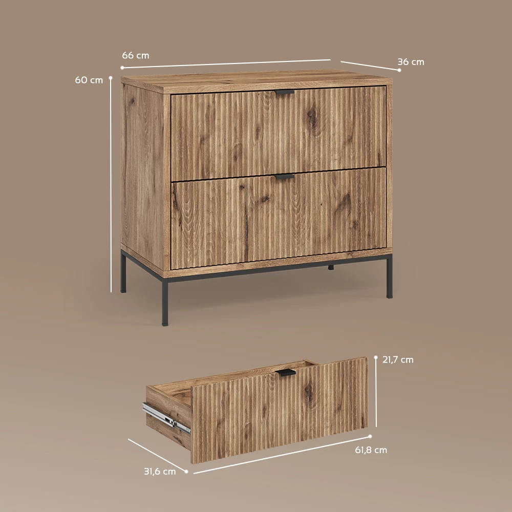 Nachttische in Viking Oak auf weißem Hintergrund mit sichtbaren Maßen