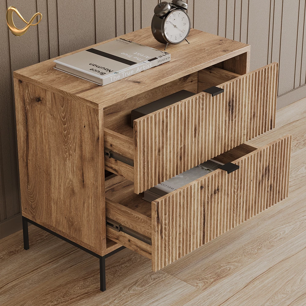 Nahaufnahme von Nachttische in Viking Oak, zeigt Design- und Oberflächendetails