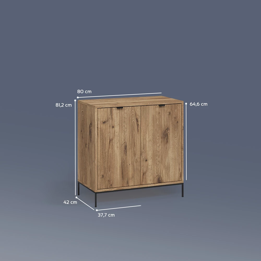 Kommode  in Viking Oak auf weißem Hintergrund mit sichtbaren Maßen