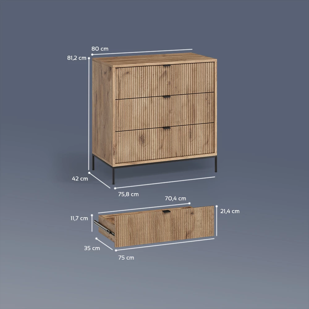 Kommode  in Viking Oak auf weißem Hintergrund mit sichtbaren Maßen
