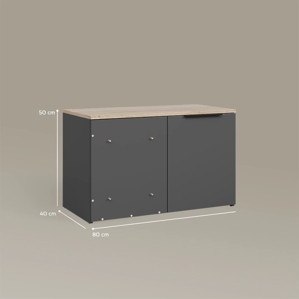 Eckkommode in Anthrazit auf weißem Hintergrund mit sichtbaren Maßen